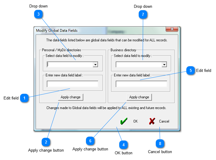 Modify Global Data Fields window